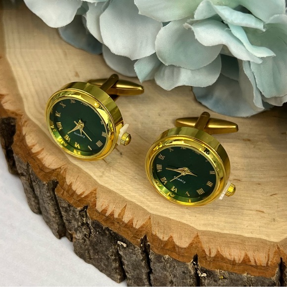 Emerald Green and Gold Quartz Watch Cufflinks - Picture 5 of 16